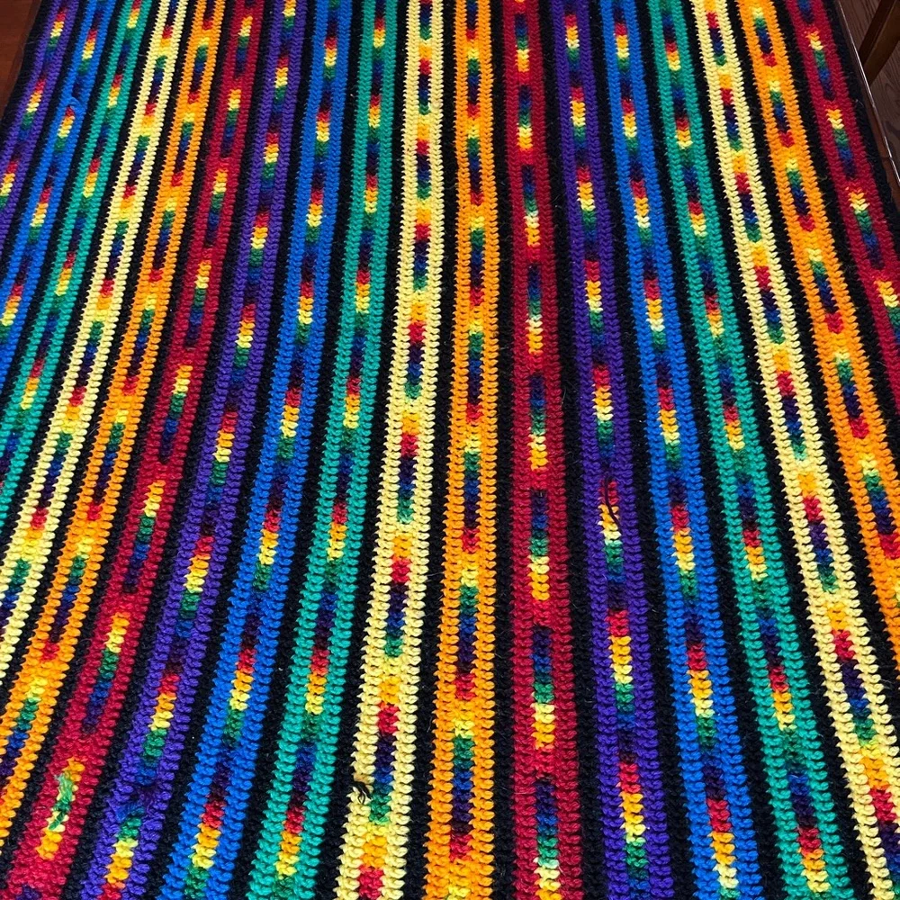 Handmade Crochet Afghan Throw Blanket Rainbow Striped Fringe Boho Retro